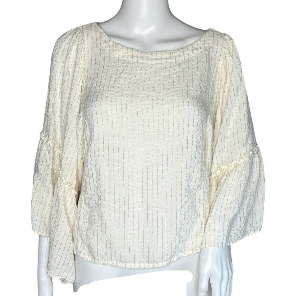 Anthropologie Floreat Shirt Womens Small White Gold Stripe Bell Sleeve Peasant‎